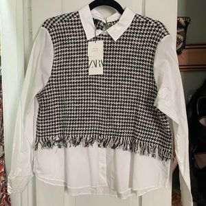 Zara Tweed White & Black Herringbone Long Sleeve Blouse